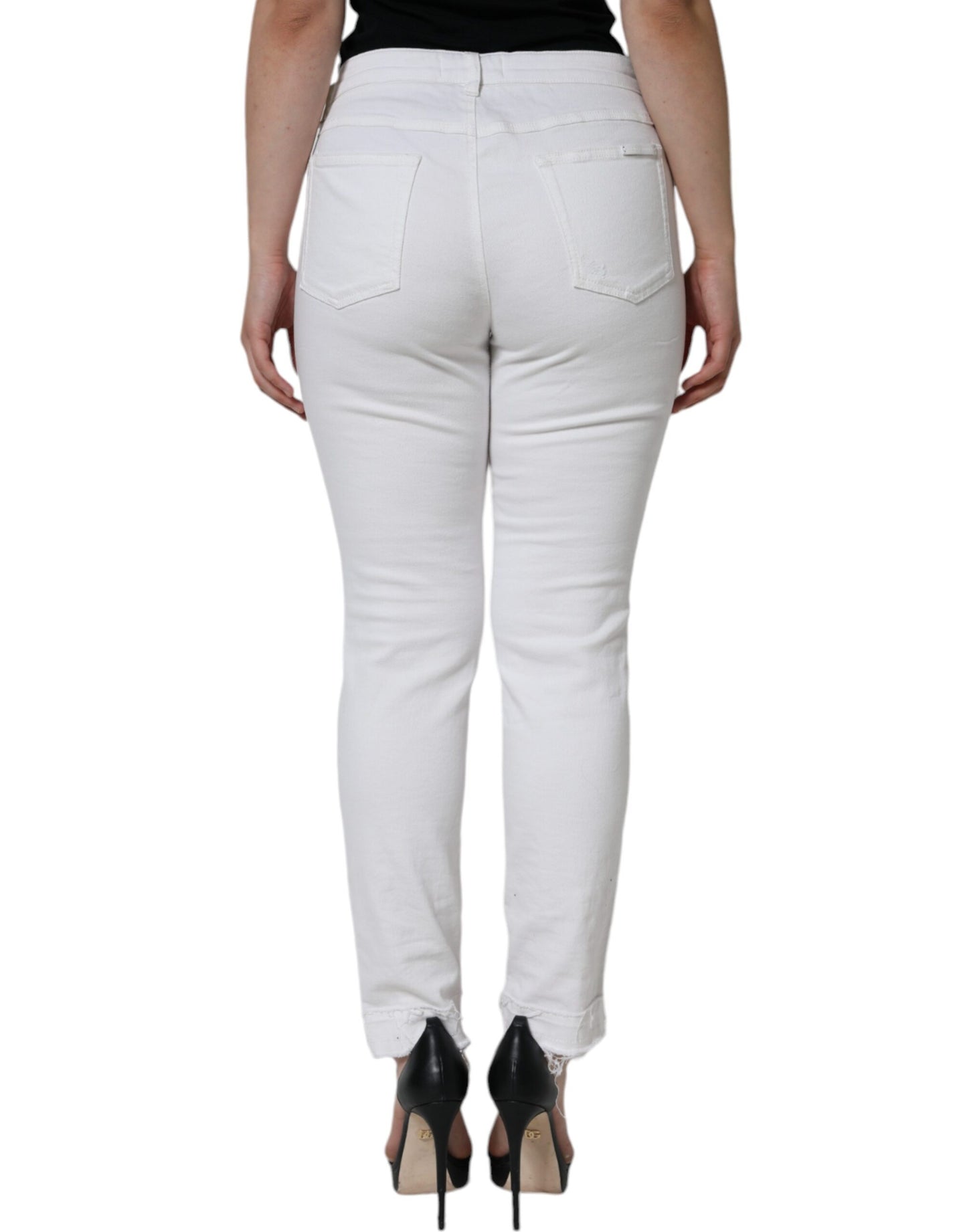 Dolce &amp; Gabbana White Cotton Stretch Tattered Skinny Jeans