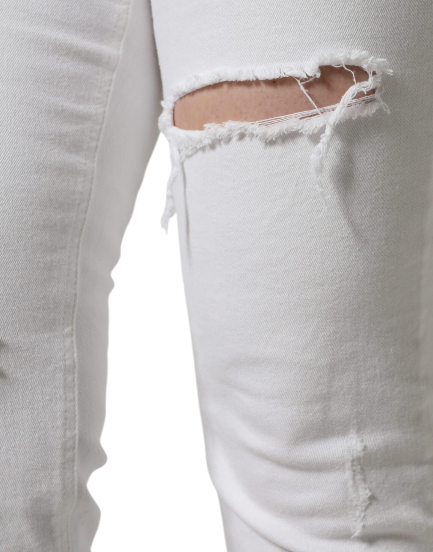 Dolce &amp; Gabbana White Cotton Stretch Tattered Skinny Jeans