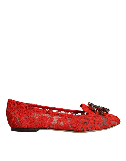 Dolce &amp; Gabbana Red Lace Crystal Ballet Flats Loafers Shoes