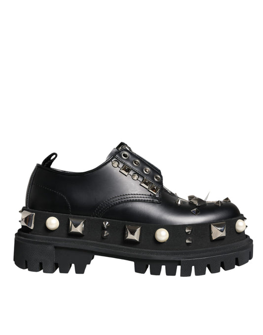 Dolce &amp; Gabbana Black Leather Embellished Derby Formal Shoes