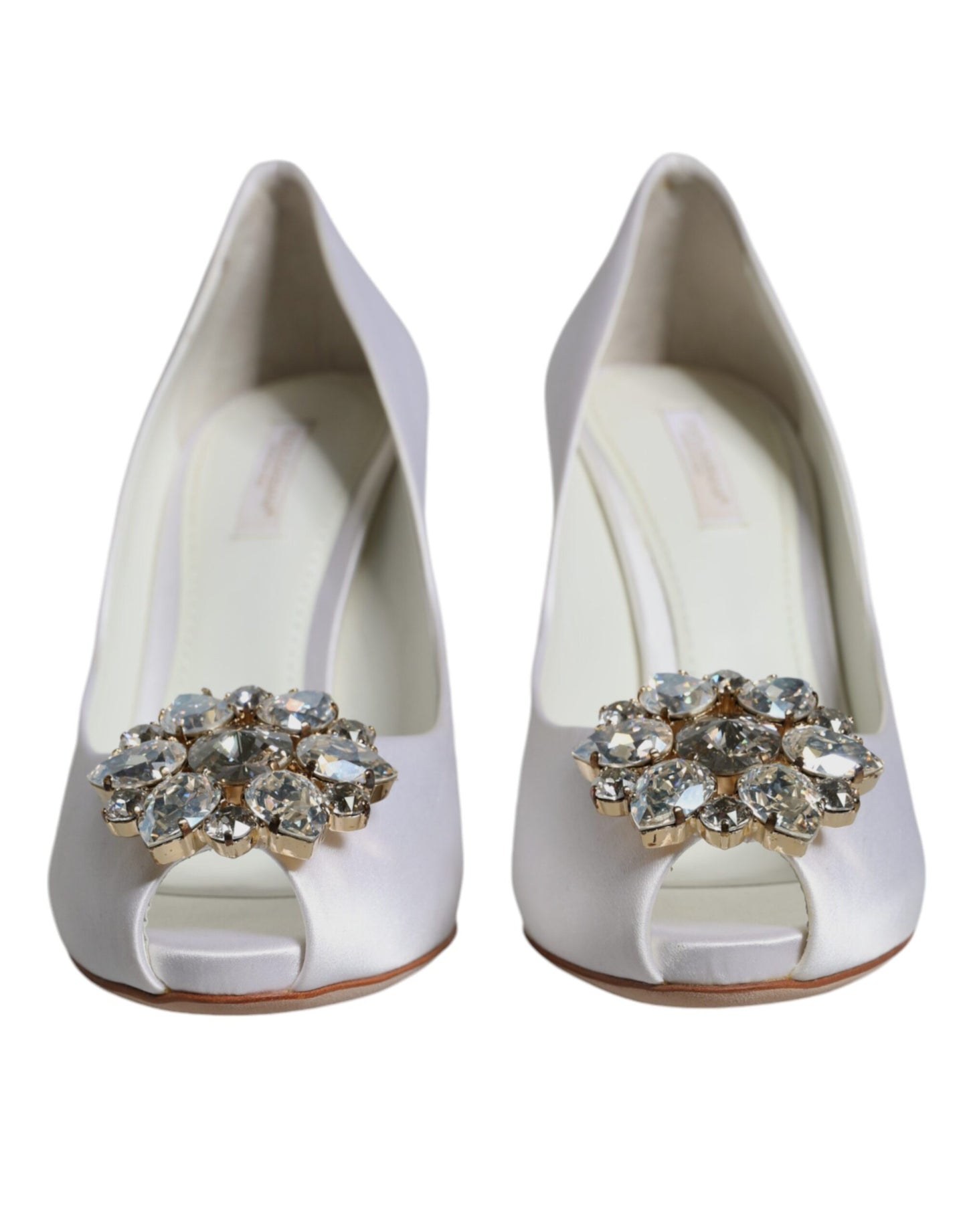 Dolce &amp; Gabbana White Crystals Peep Toe Satin Pumps Shoes