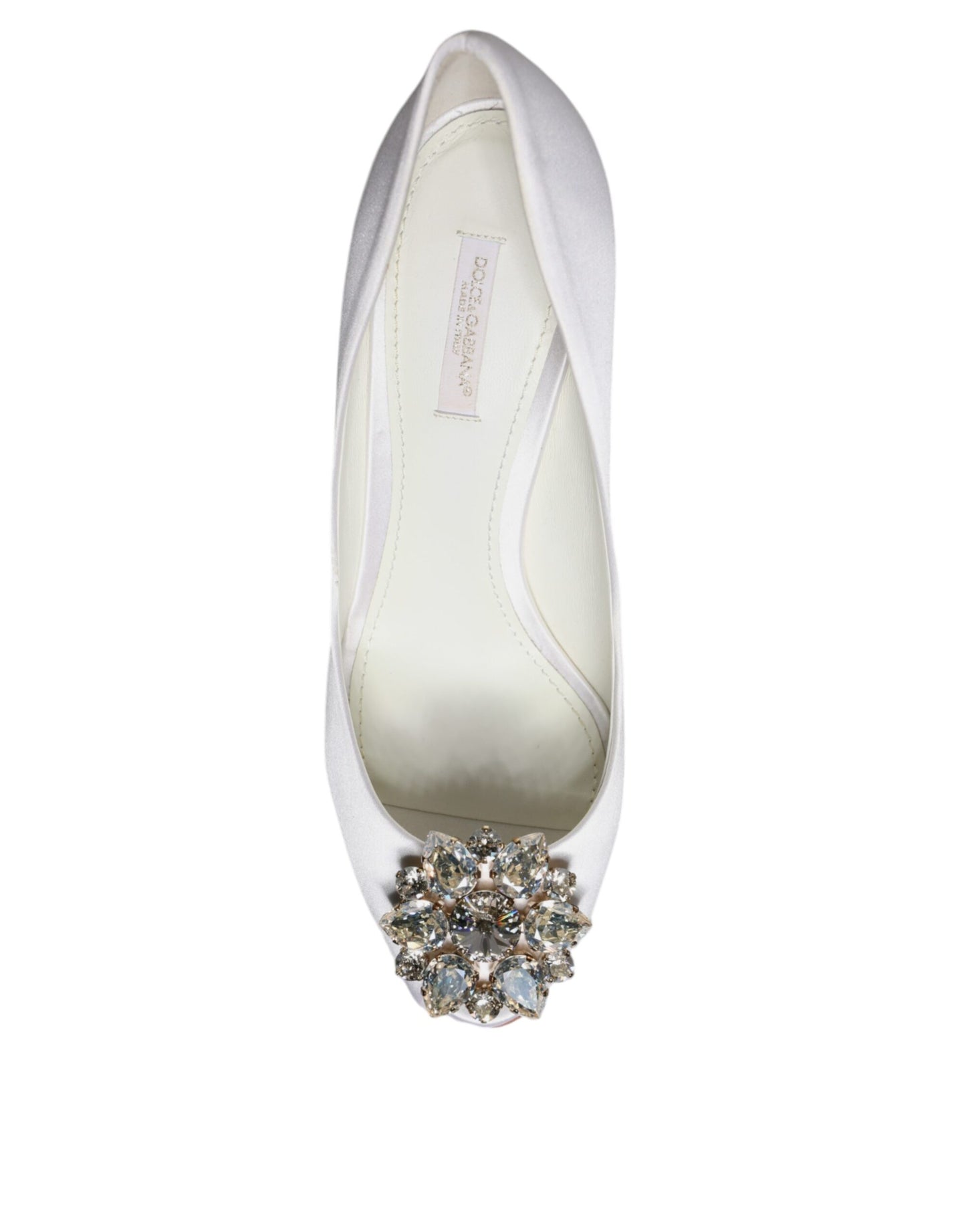 Dolce &amp; Gabbana White Crystals Peep Toe Satin Pumps Shoes