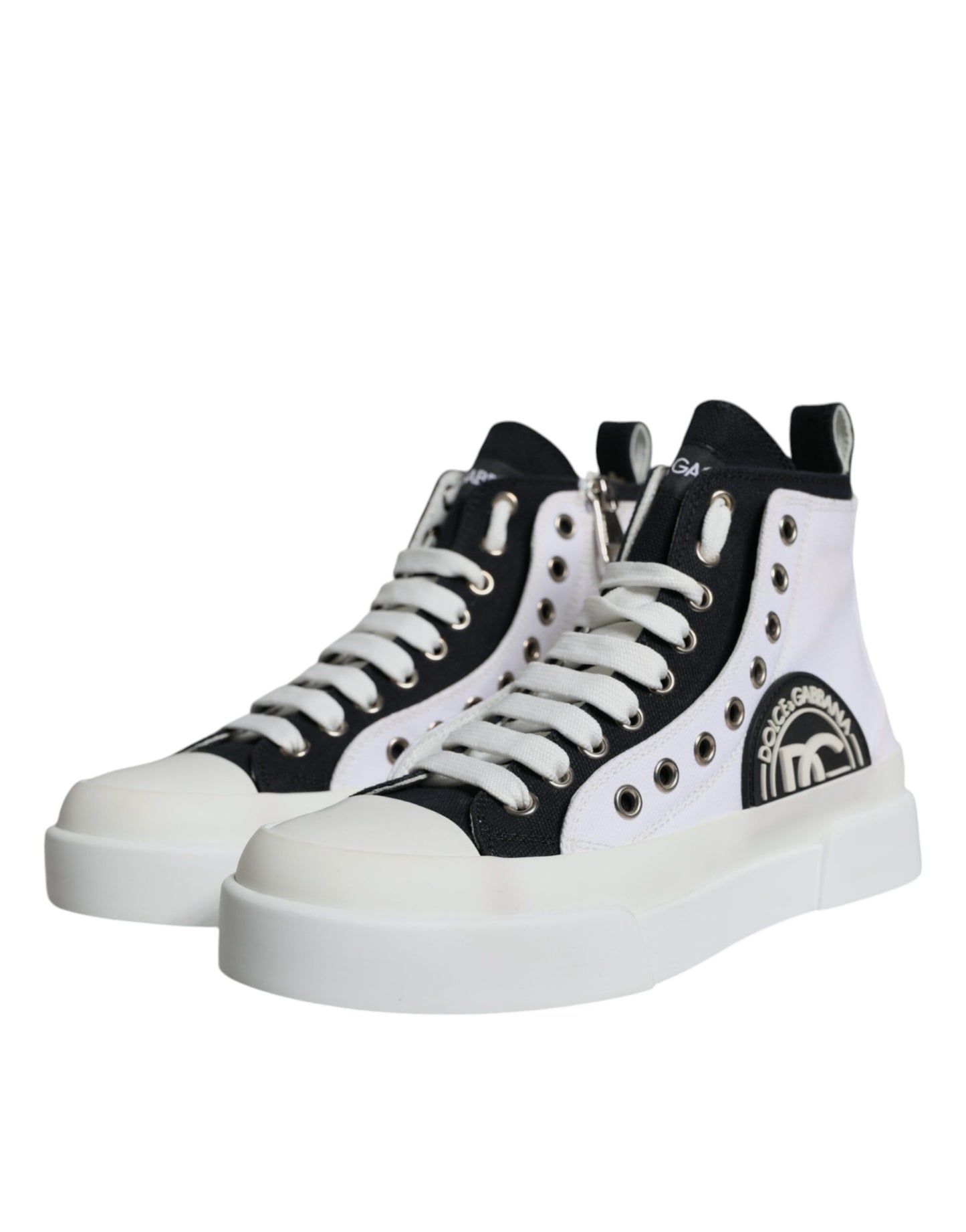 Dolce &amp; Gabbana White Black Canvas Logo Mid Top Sneakers Shoes