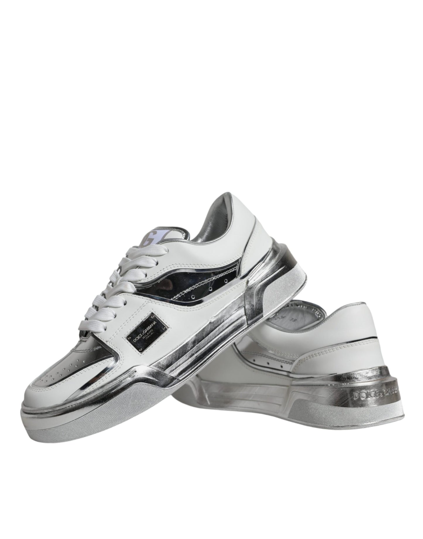 Dolce &amp; Gabbana White Silver Leather Low Top Sneakers Shoes