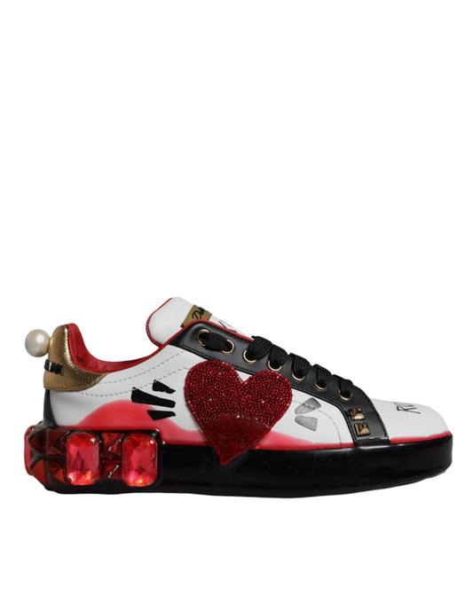 Dolce &amp; Gabbana White Red Crystals Leather Portofino Sneakers Shoes