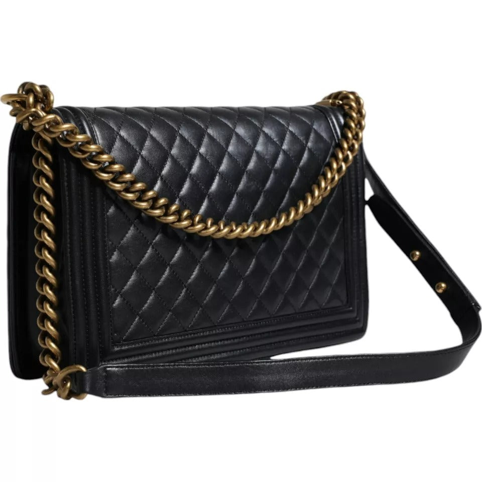 Chanel Black Large Lambskin Double Chain Gold Leather Shoulder Bag