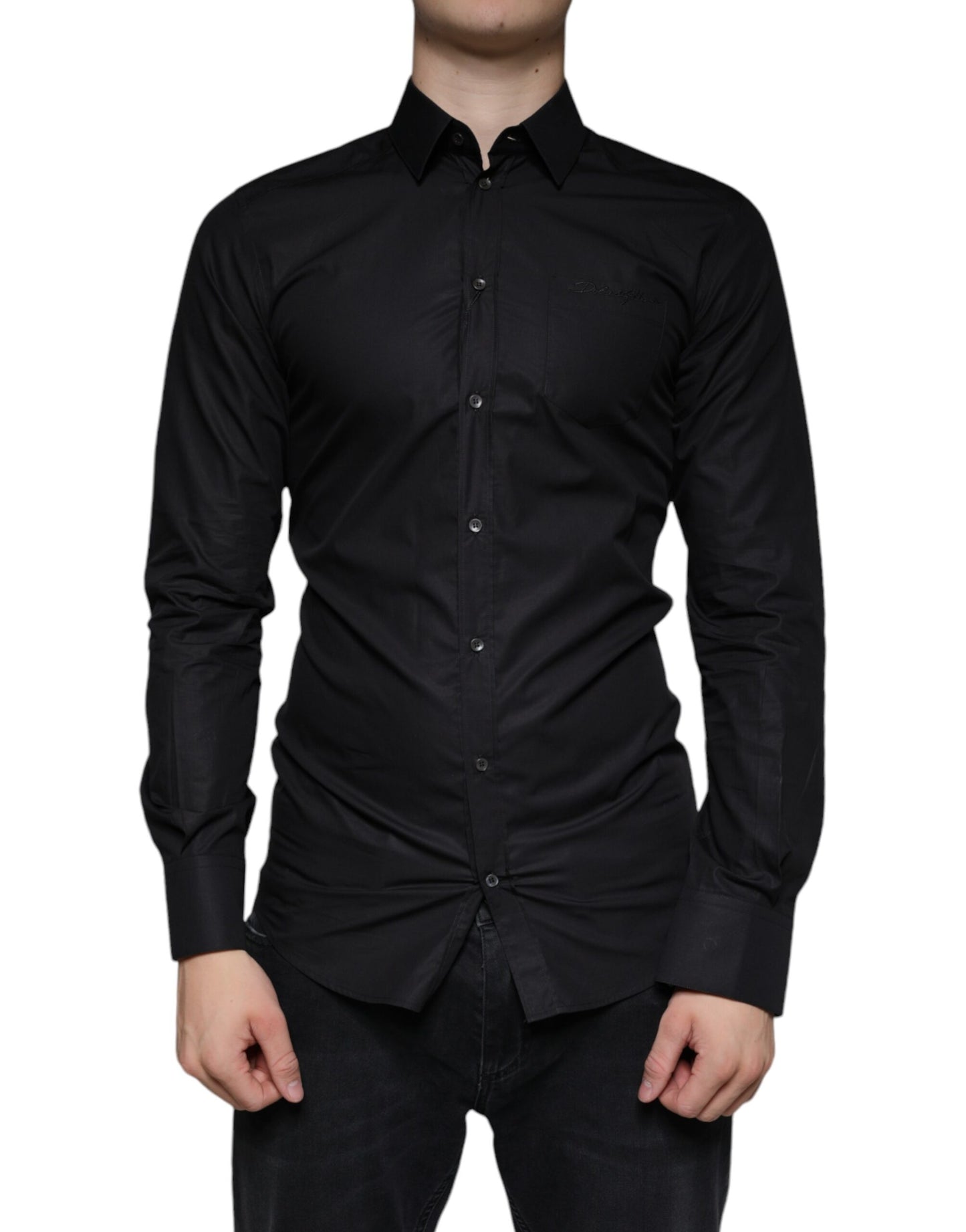 Dolce & Gabbana Black Cotton Stretch Dress GOLD Formal Shirt