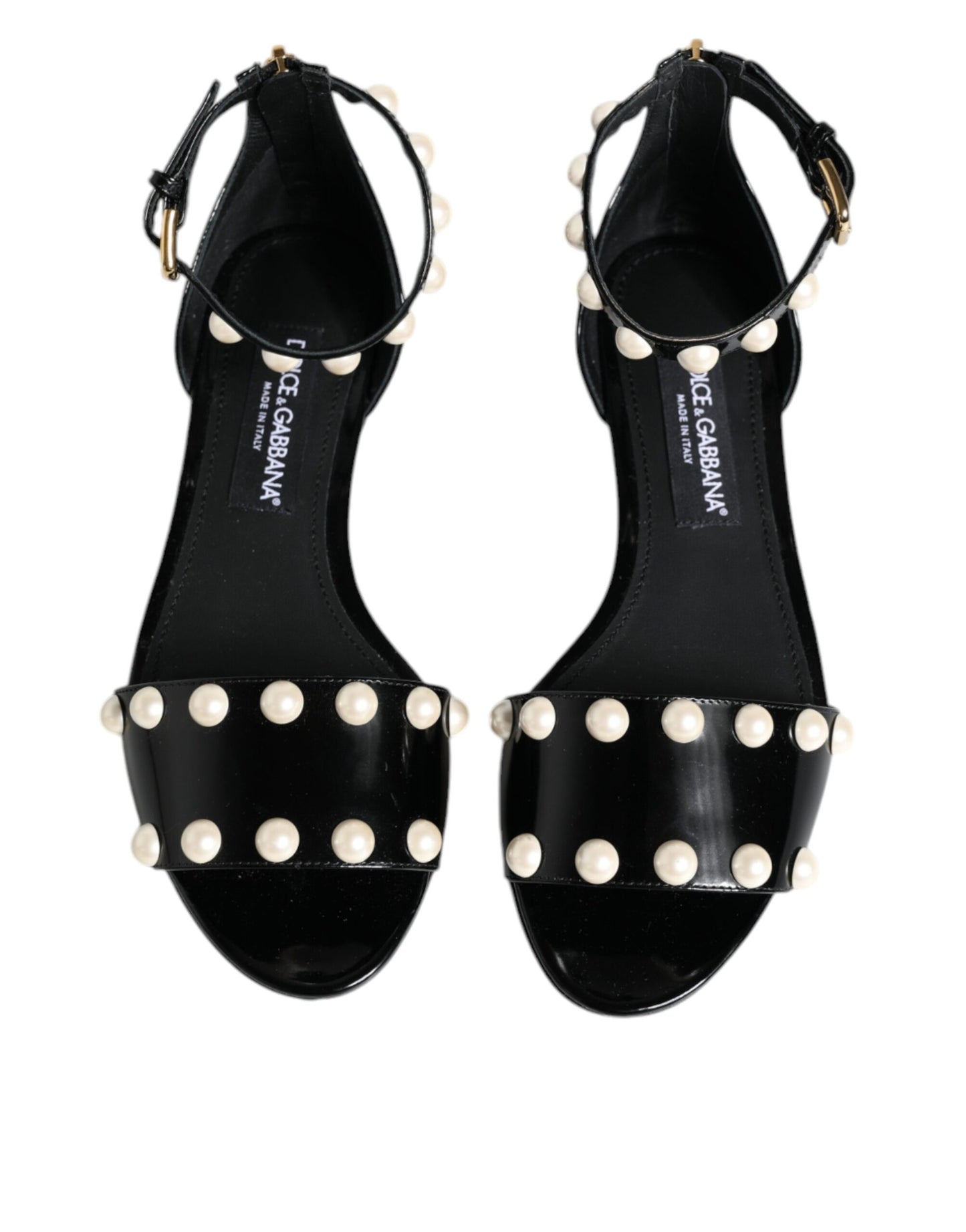 Dolce & Gabbana Black Leather Pearls Ankle Strap Sandals Shoes