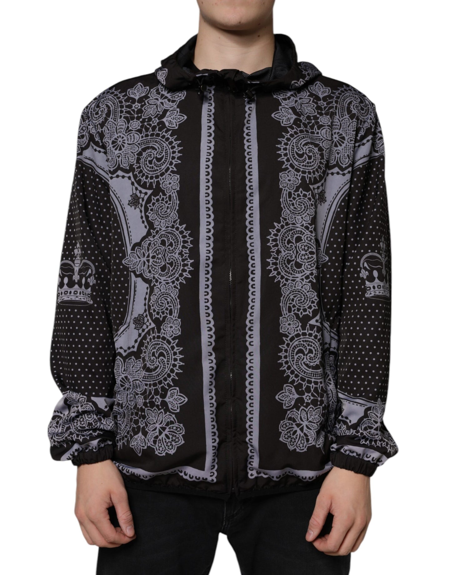 Dolce & Gabbana Black Bandana Hooded Full Zip Bomber Jacket