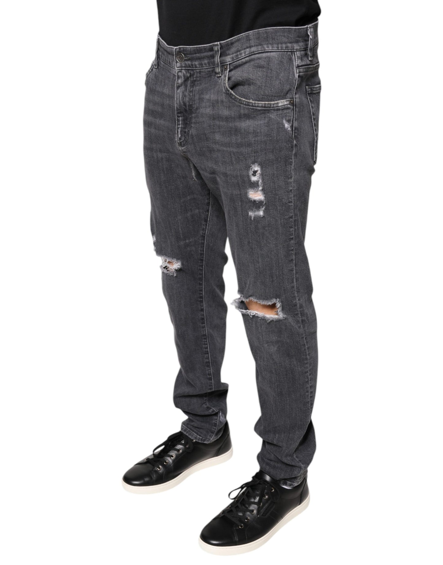 Dolce & Gabbana Dark Gray Tattered Cotton Skinny Denim Jeans