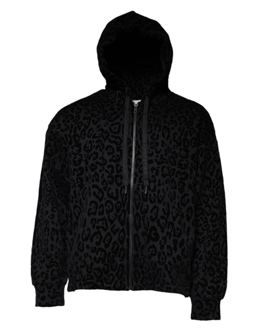 Dolce & Gabbana Black Leopard Cotton Hooded Full Zip Sweater