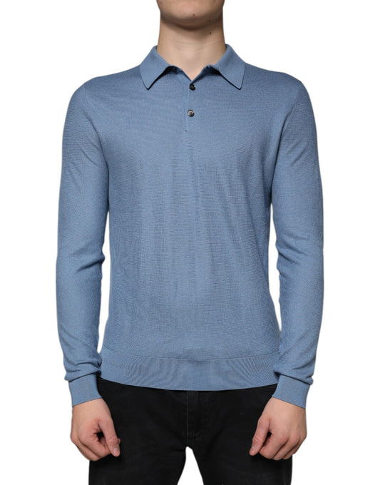 Dolce &amp; Gabbana Sky Blue Silk Collared Men Pullover Sweater