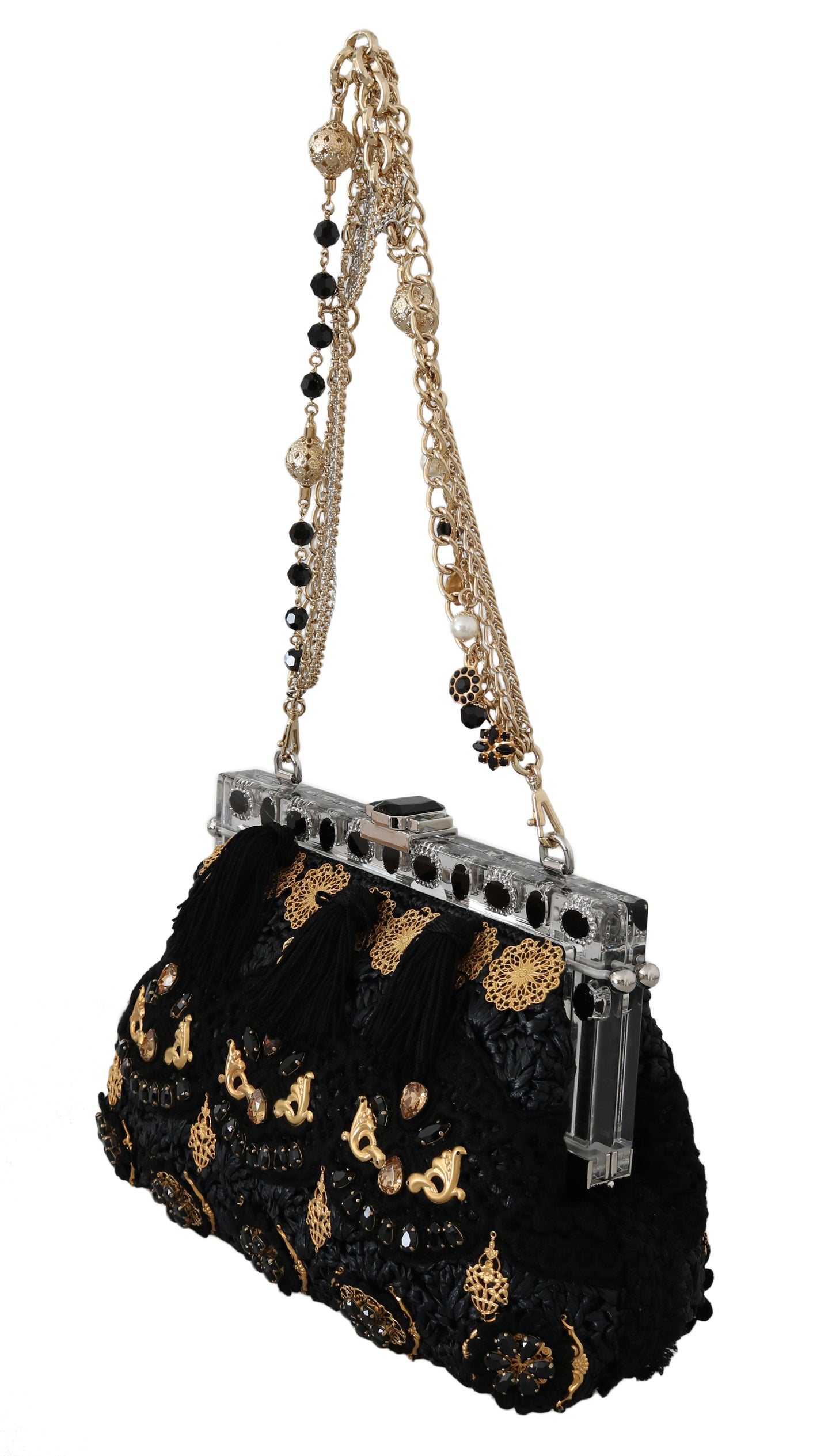 Dolce &amp; Gabbana Black Tassel Gold Baroque Crystal Evening Clutch