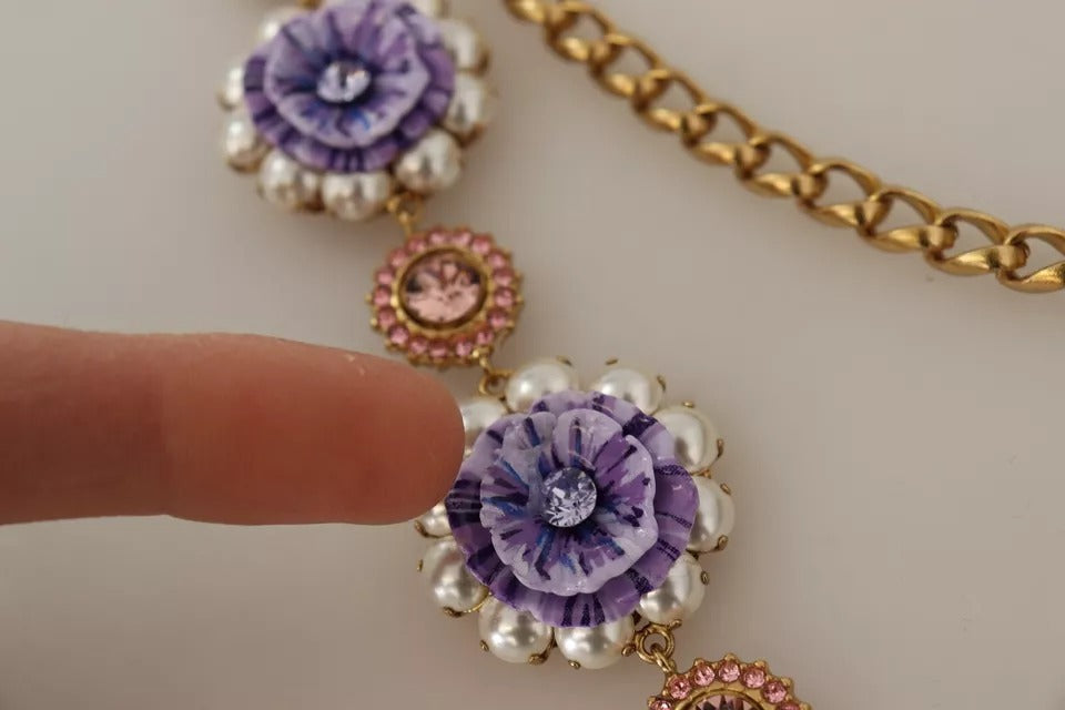 Dolce & Gabbana Gold Tone Floral Crystals Purple Embellished Necklace